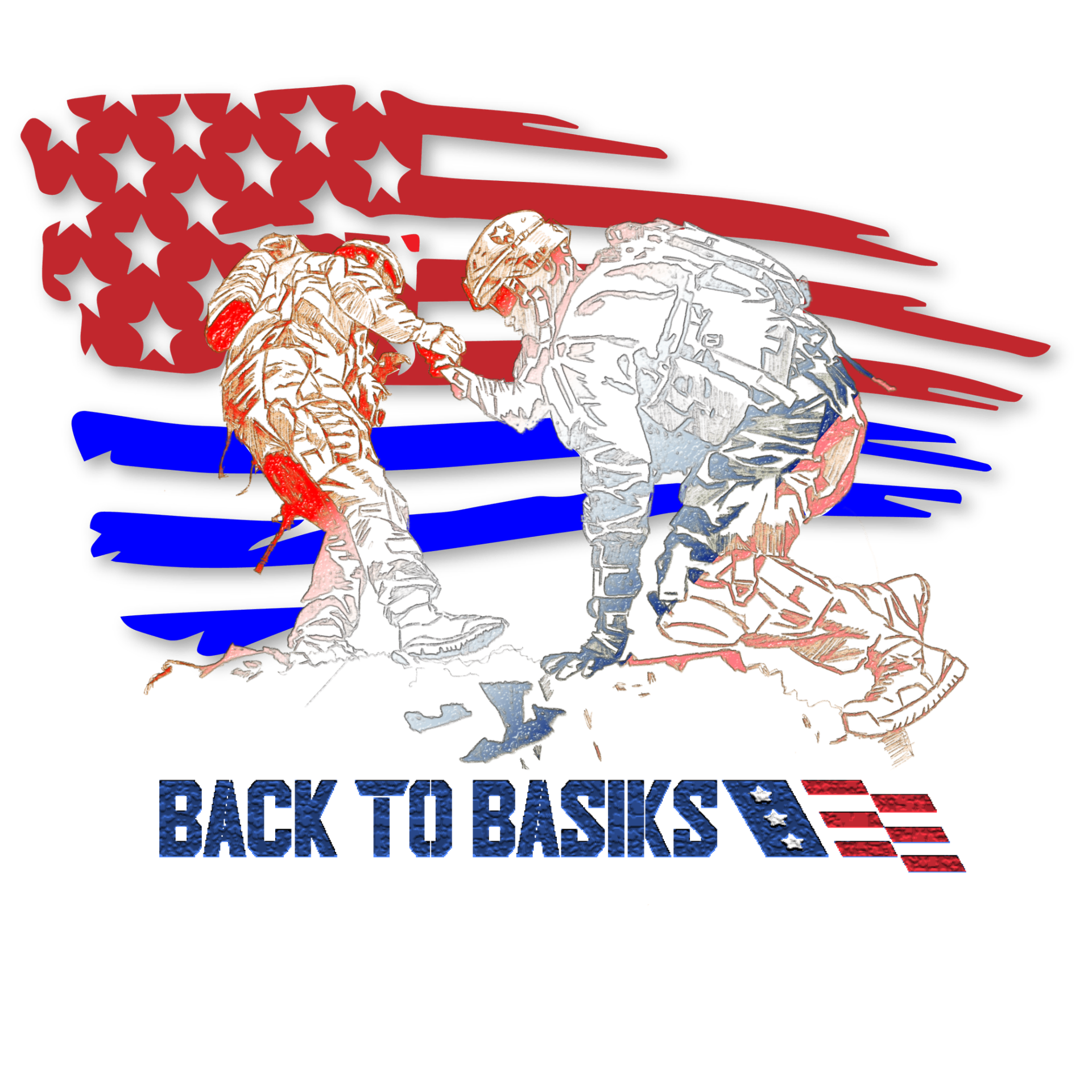Back to Basiks logo — silhouette of a soldier helping a fallen brother in front of a U.S. flag